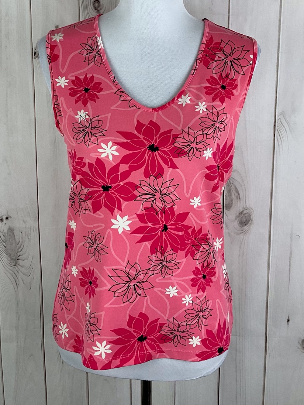 Croft & Barrow Stretch Women Pink Floral VNeck Sleeveless Jersey Knit Top Size S